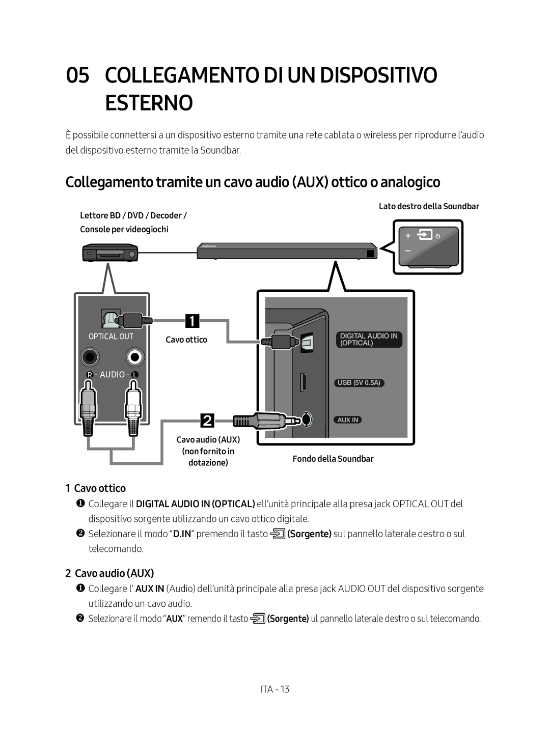 Samsung HW-N450/ZG manual Collegamento DI UN Dispositivo Esterno, Collegamento tramite un cavo audio AUX ottico o analogico 