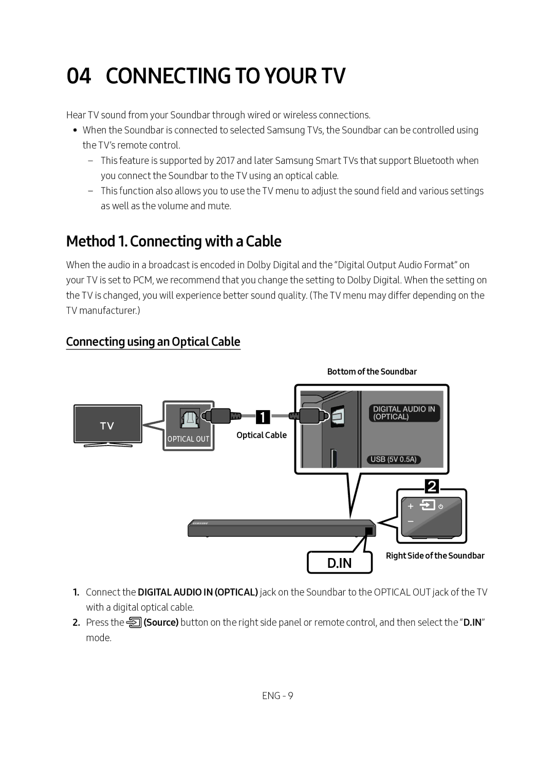 Samsung HW-N450/ZG manual Connecting to Your TV, Method 1. Connecting with a Cable, Connecting using an Optical Cable 