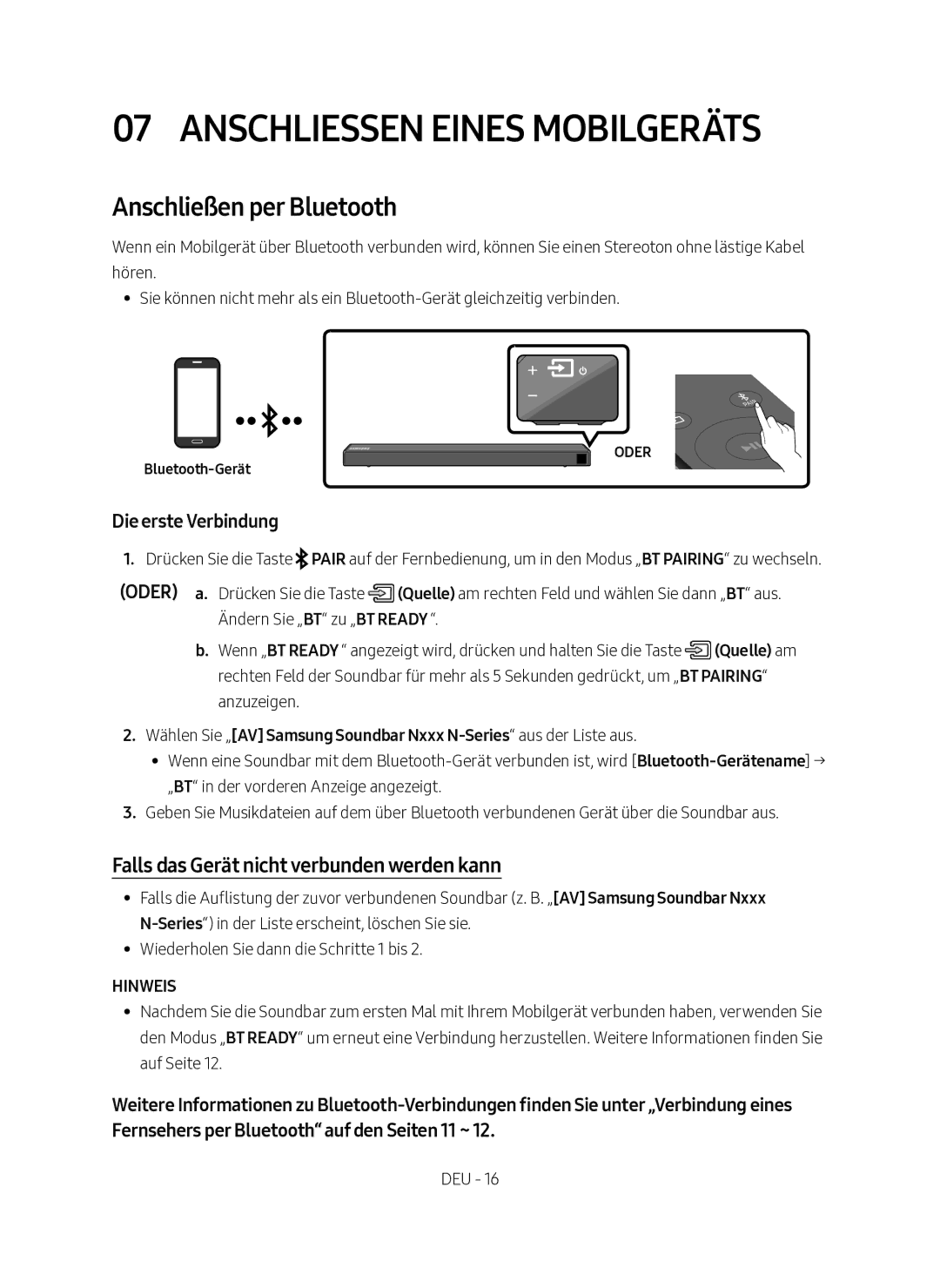 Samsung HW-N450/ZG Anschliessen Eines Mobilgeräts, Anschließen per Bluetooth, Falls das Gerät nicht verbunden werden kann 