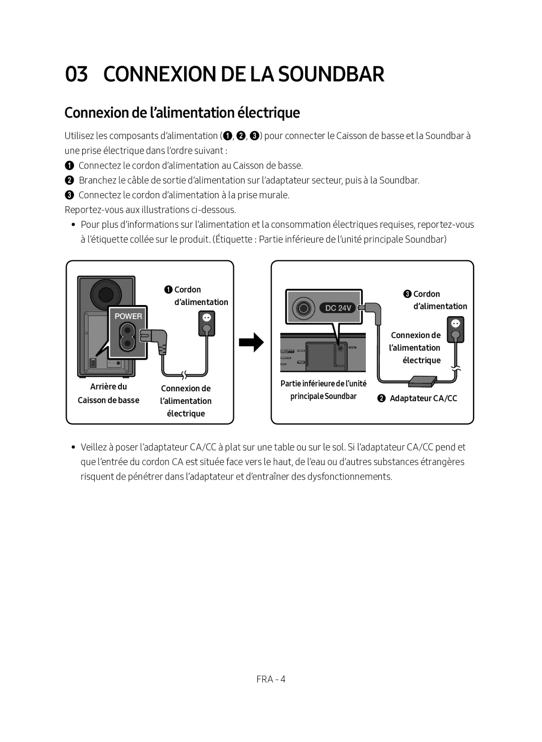 Samsung HW-N450/ZG manual Connexion DE LA Soundbar, Connexion de l’alimentation électrique 