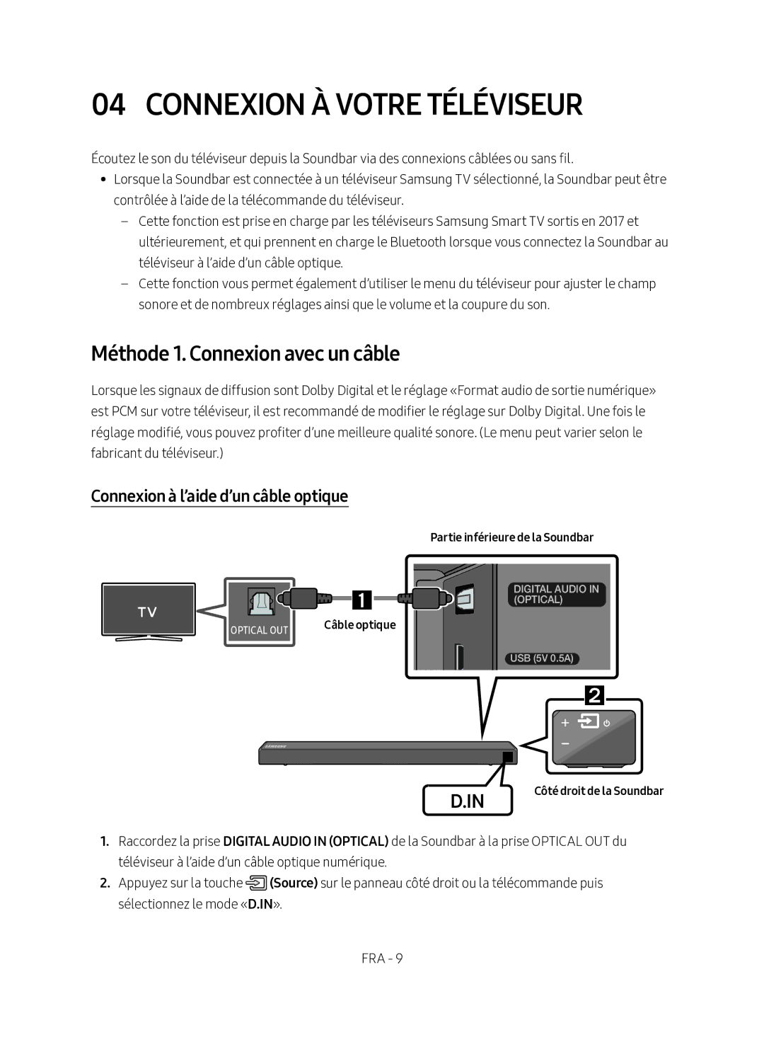 Samsung HW-N450/ZG Connexion À Votre Téléviseur, Méthode 1. Connexion avec un câble, Connexion à l’aide d’un câble optique 