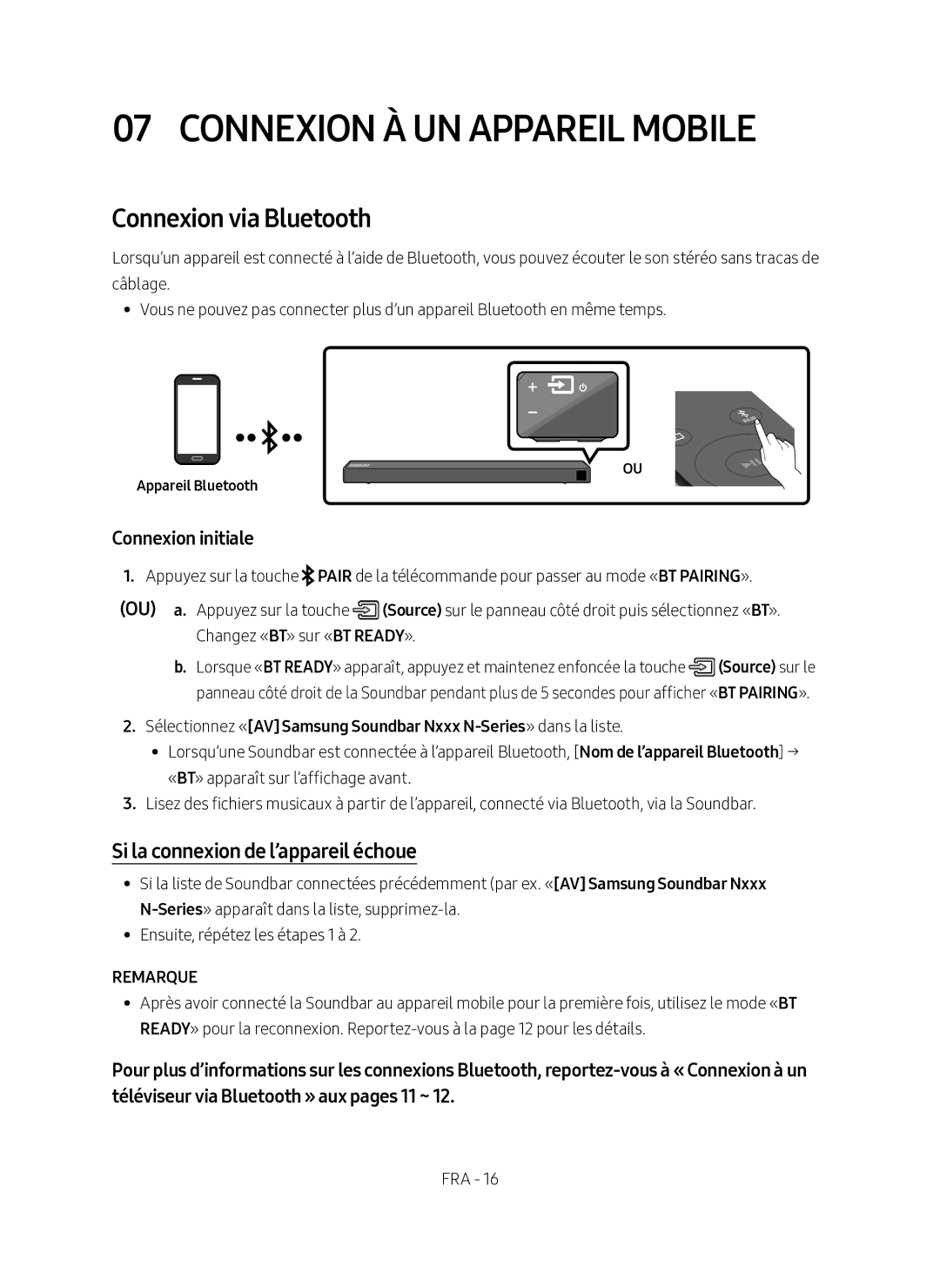 Samsung HW-N450/ZG Connexion À UN Appareil Mobile, Connexion via Bluetooth, Si la connexion de l’appareil échoue, Remarque 