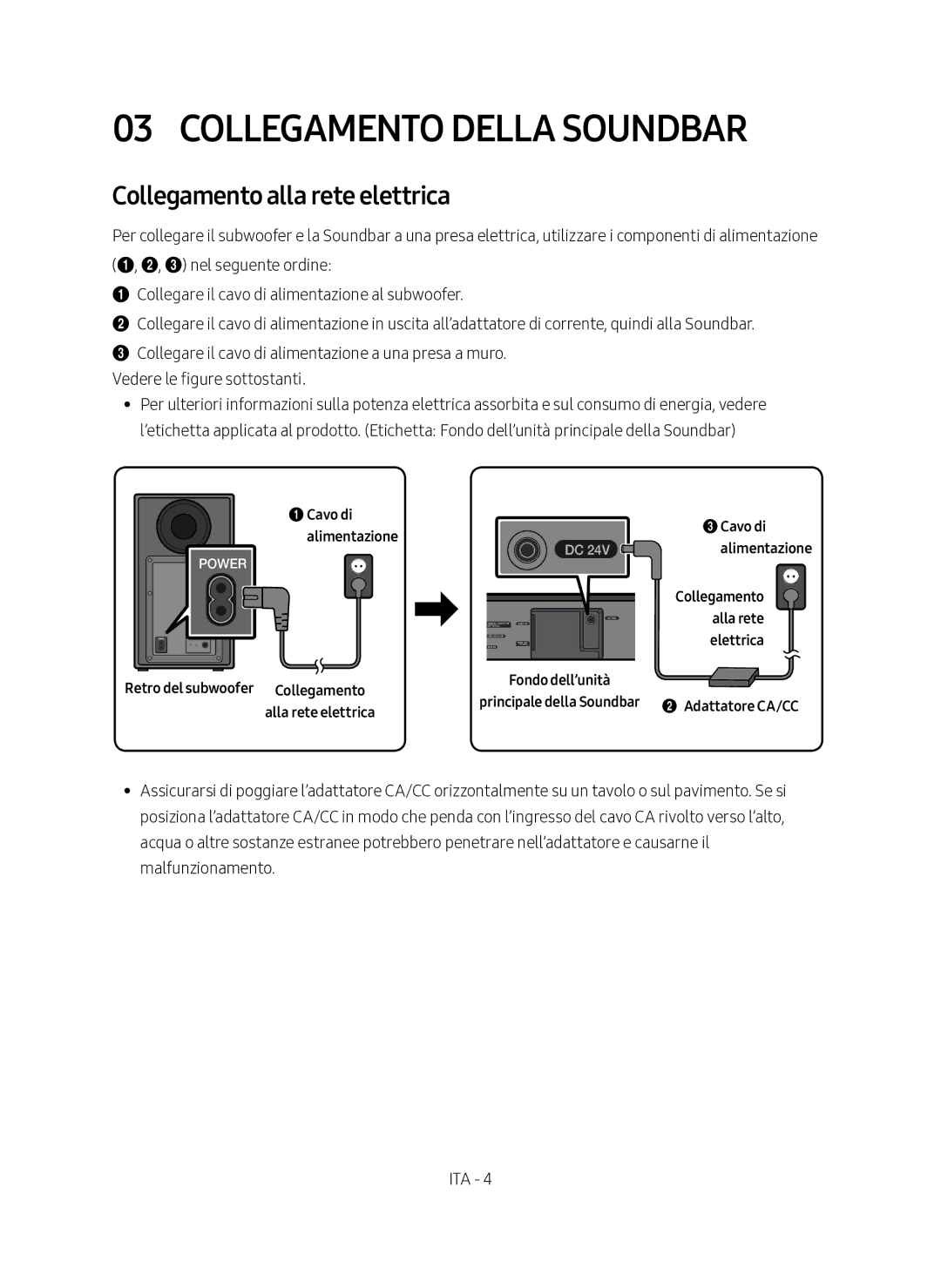 Samsung HW-N450/ZG manual Collegamento Della Soundbar, Collegamento alla rete elettrica 