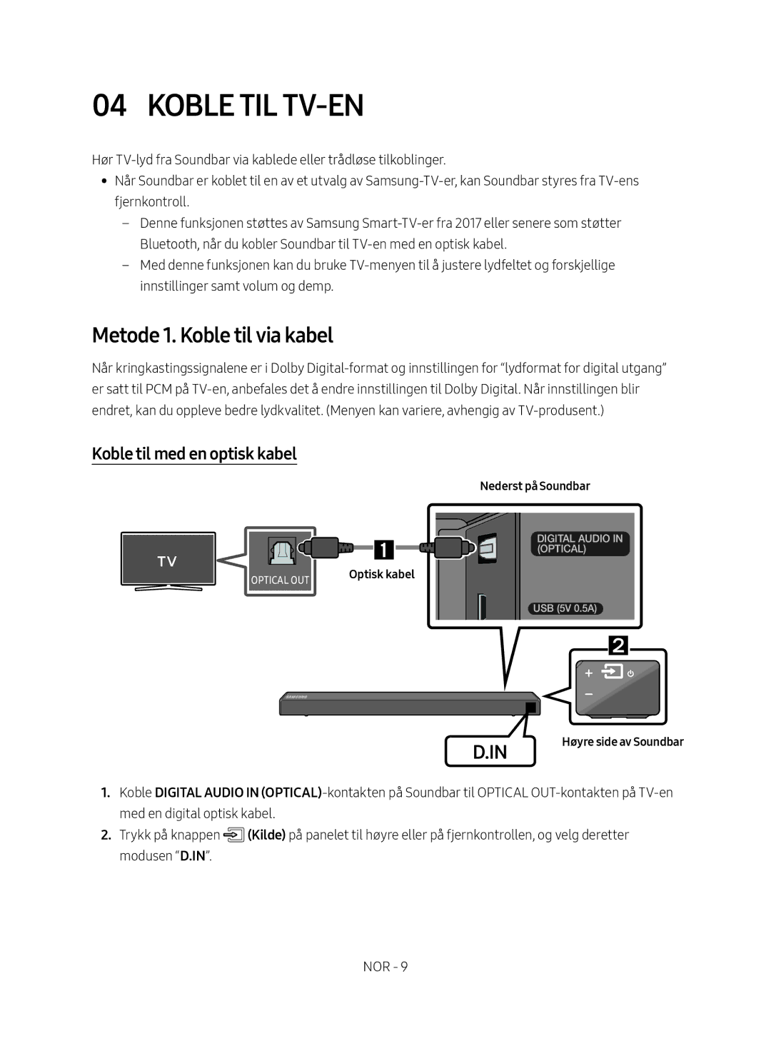 Samsung HW-N460/XE manual Koble TIL TV-EN, Metode 1. Koble til via kabel, Koble til med en optisk kabel 