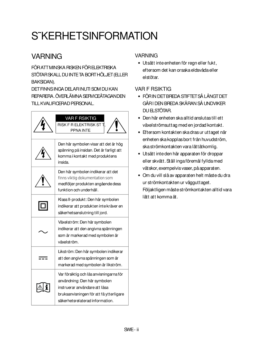 Samsung HW-N460/XE manual Säkerhetsinformation, Varning 