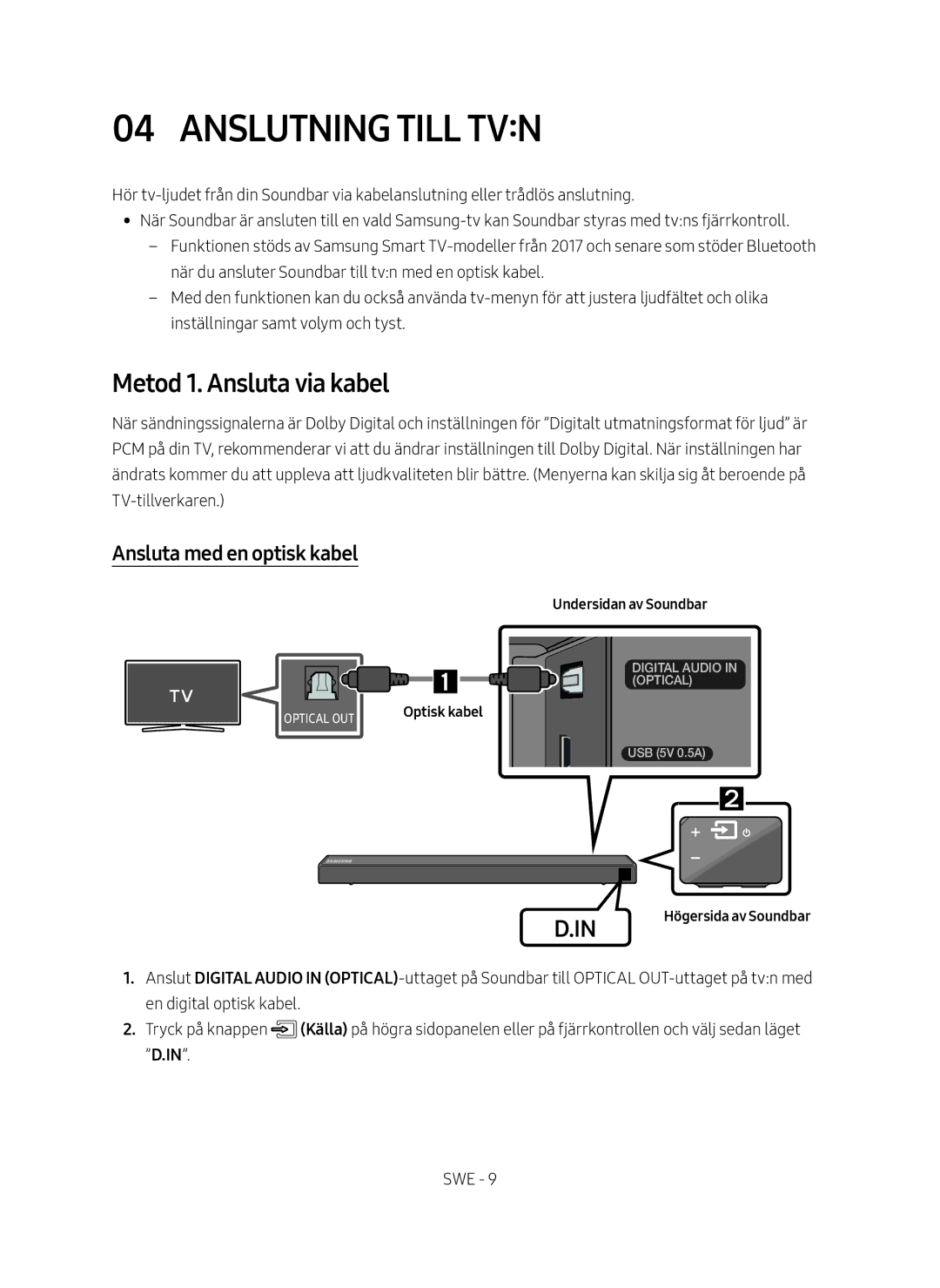 Samsung HW-N460/XE manual Anslutning Till TVN, Metod 1. Ansluta via kabel, Ansluta med en optisk kabel 