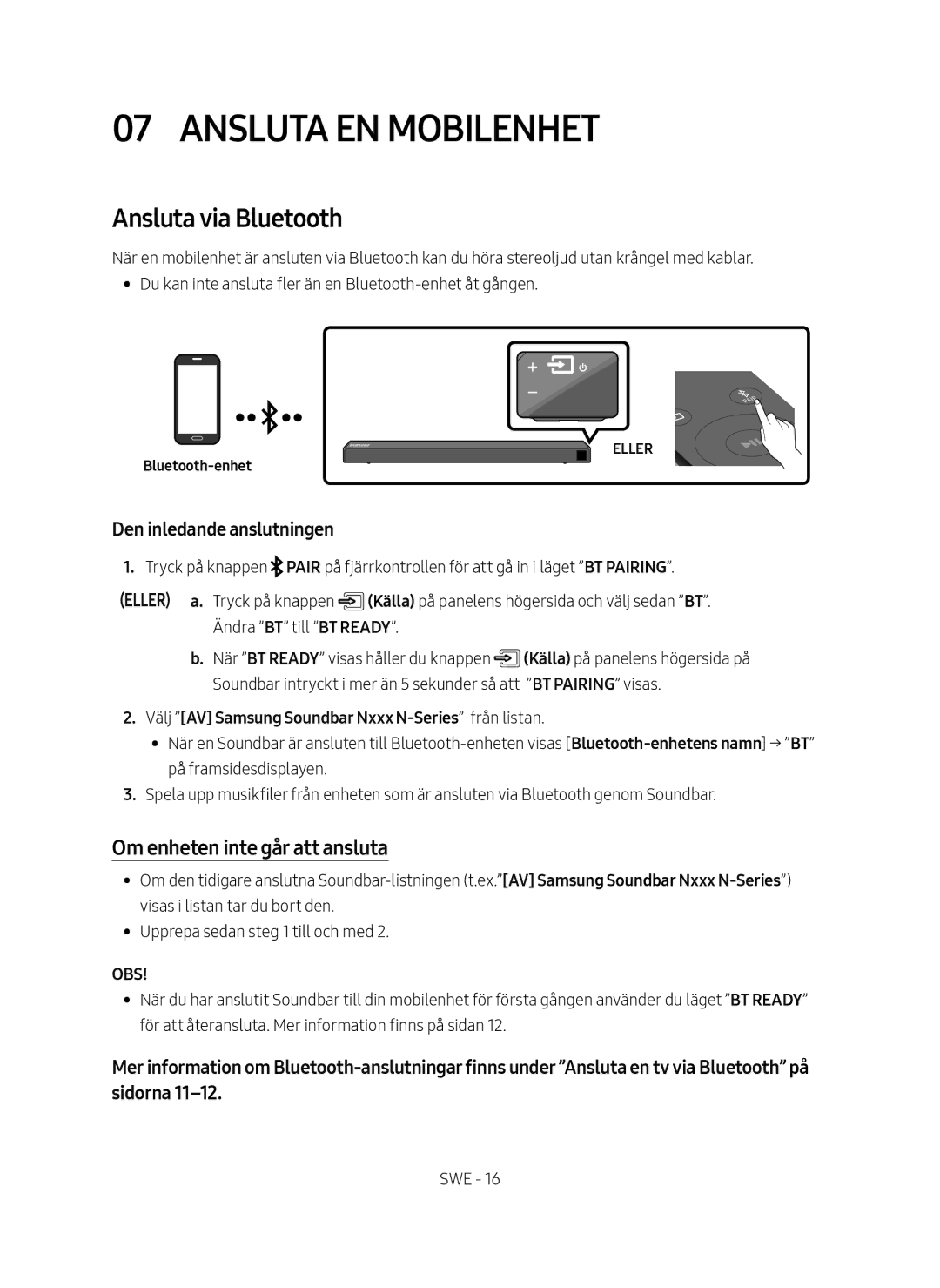 Samsung HW-N460/XE manual Ansluta EN Mobilenhet, Ansluta via Bluetooth, Om enheten inte går att ansluta 