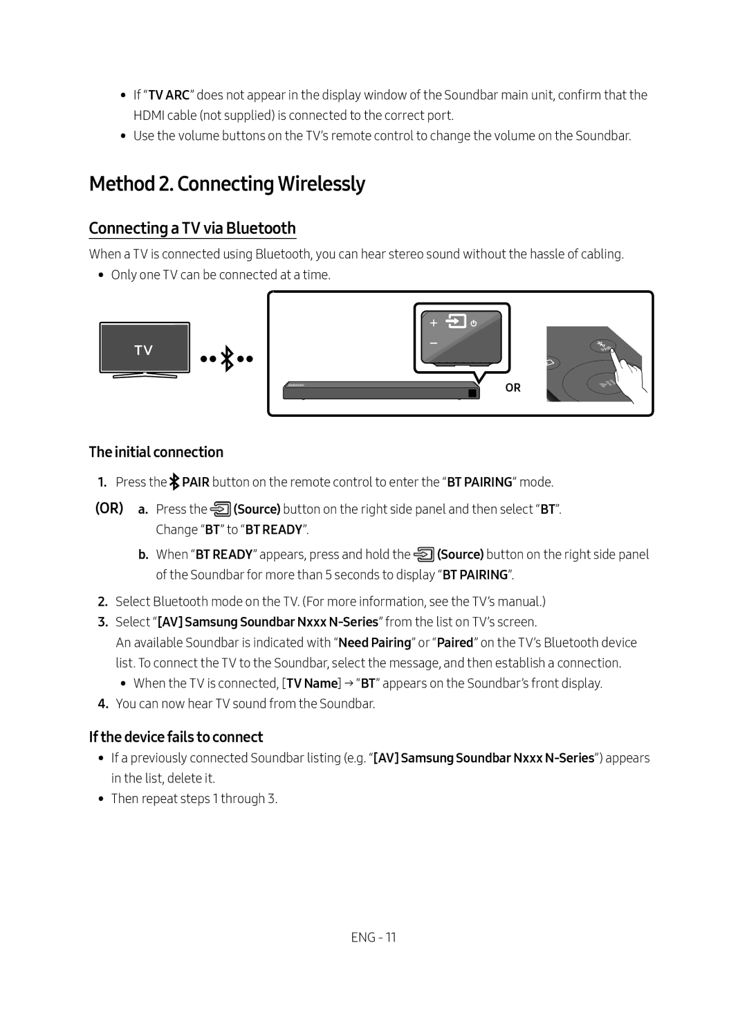 Samsung HW-N460/XE manual Method 2. Connecting Wirelessly, Connecting a TV via Bluetooth, Initial connection 