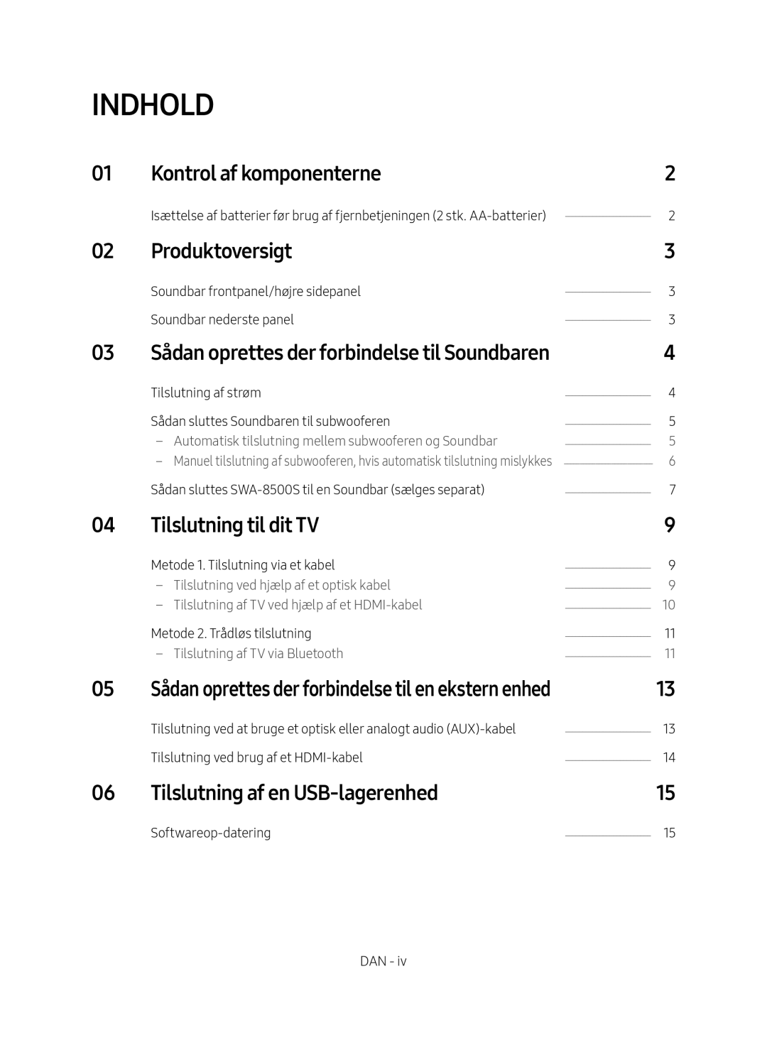 Samsung HW-N460/XE manual Indhold, Kontrol af komponenterne, Produktoversigt, Tilslutning til dit TV 