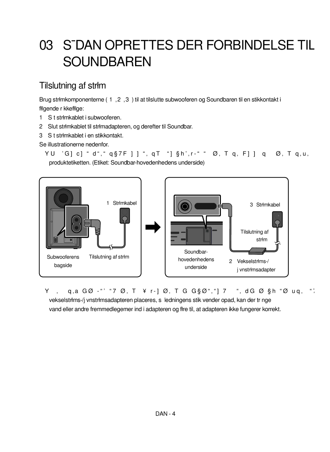 Samsung HW-N460/XE manual 03 Sådan Oprettes DER Forbindelse TIL Soundbaren, Tilslutning af strøm 