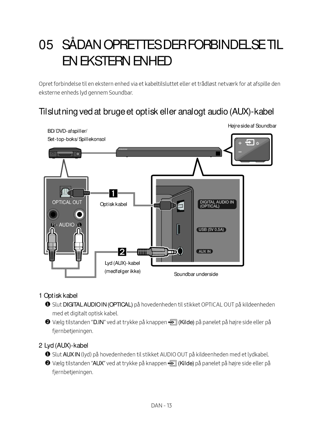 Samsung HW-N460/XE manual Optisk kabel, Lyd AUX-kabel 