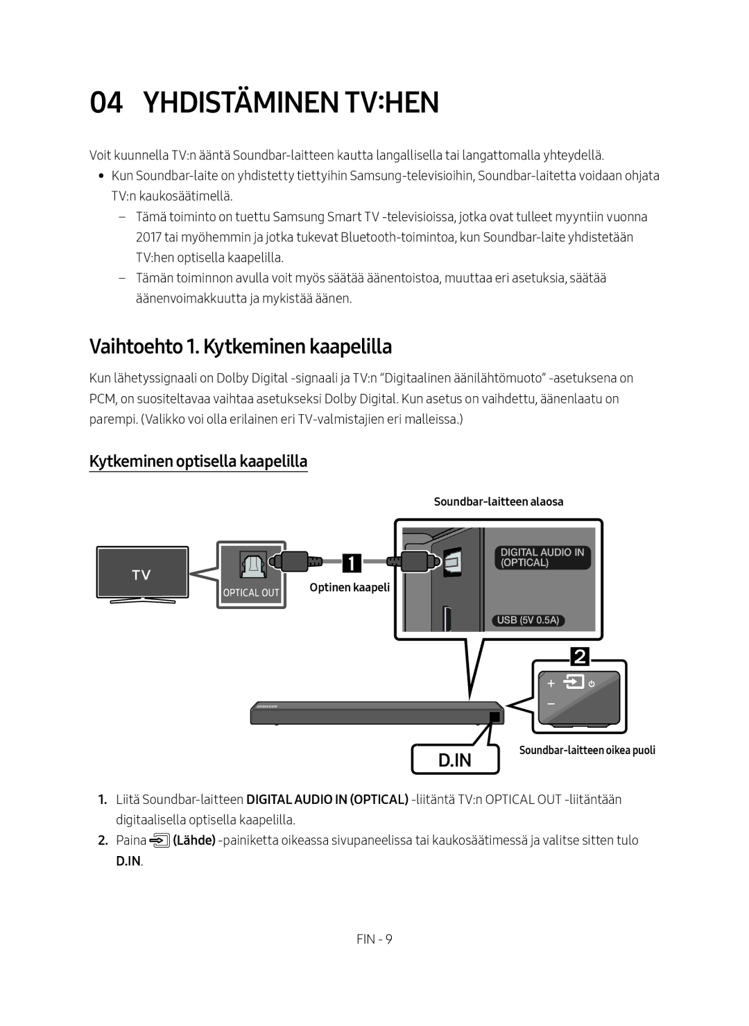 Samsung HW-N460/XE manual Yhdistäminen Tvhen, Vaihtoehto 1. Kytkeminen kaapelilla, Kytkeminen optisella kaapelilla 