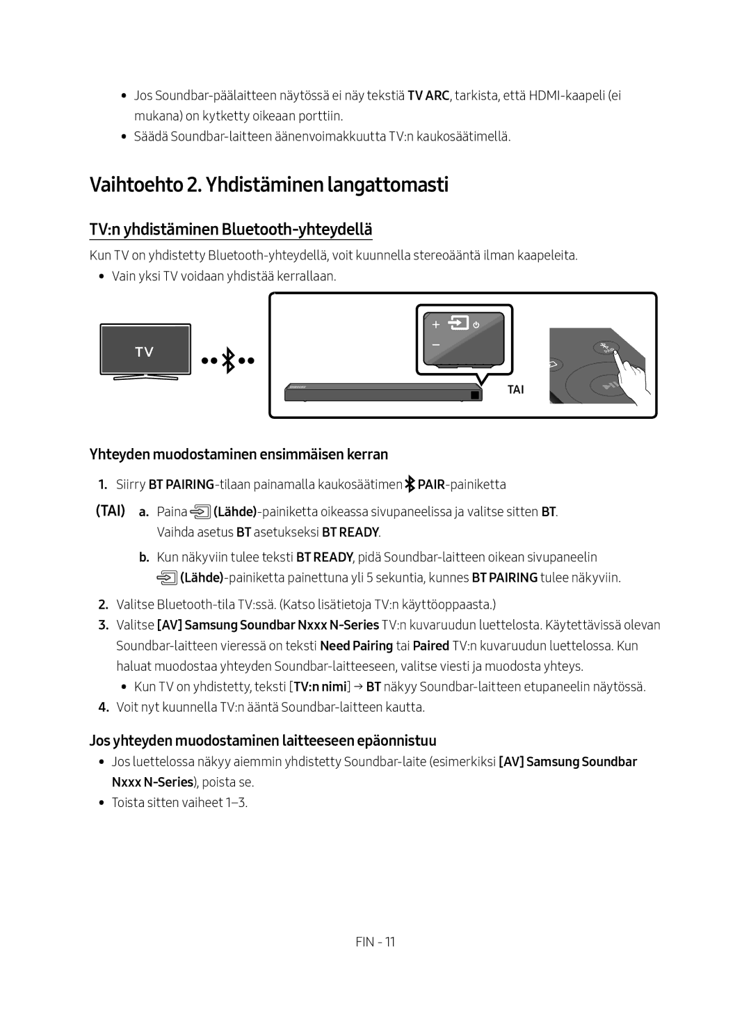 Samsung HW-N460/XE manual Vaihtoehto 2. Yhdistäminen langattomasti, TVn yhdistäminen Bluetooth-yhteydellä 