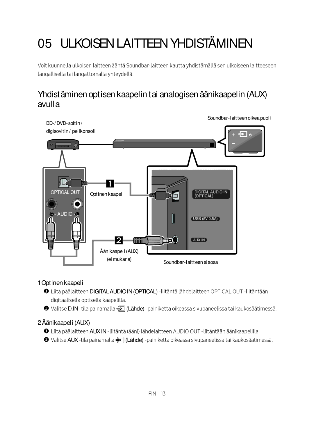 Samsung HW-N460/XE manual Ulkoisen Laitteen Yhdistäminen, Optinen kaapeli, Äänikaapeli AUX 