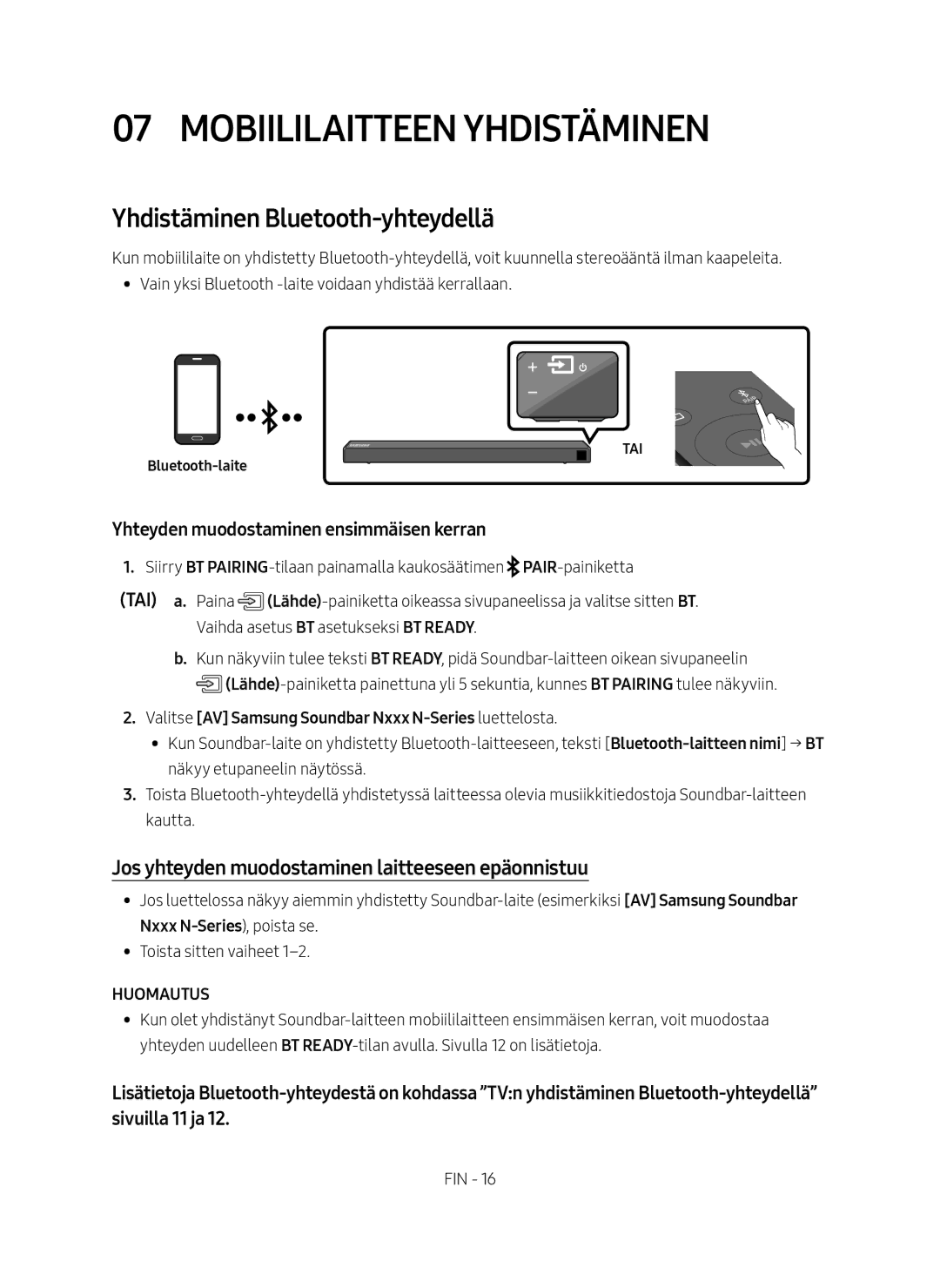 Samsung HW-N460/XE manual Mobiililaitteen Yhdistäminen, Yhdistäminen Bluetooth-yhteydellä, Huomautus 