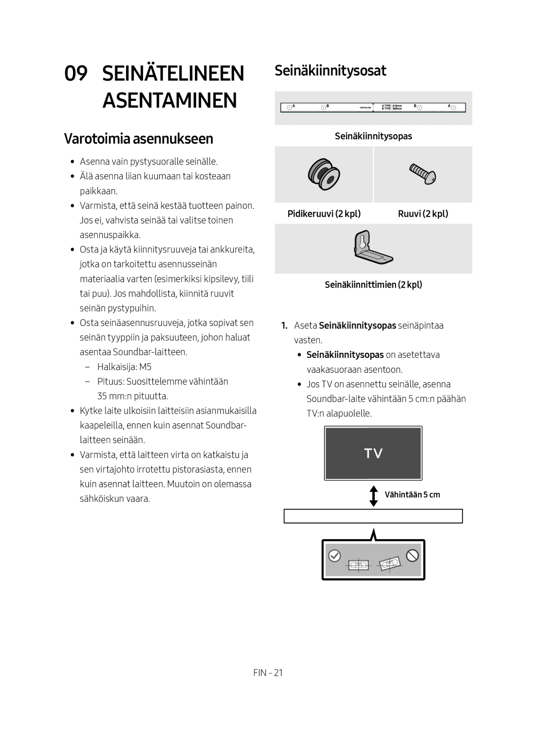 Samsung HW-N460/XE manual Asentaminen, Seinätelineen Seinäkiinnitysosat, Varotoimia asennukseen 