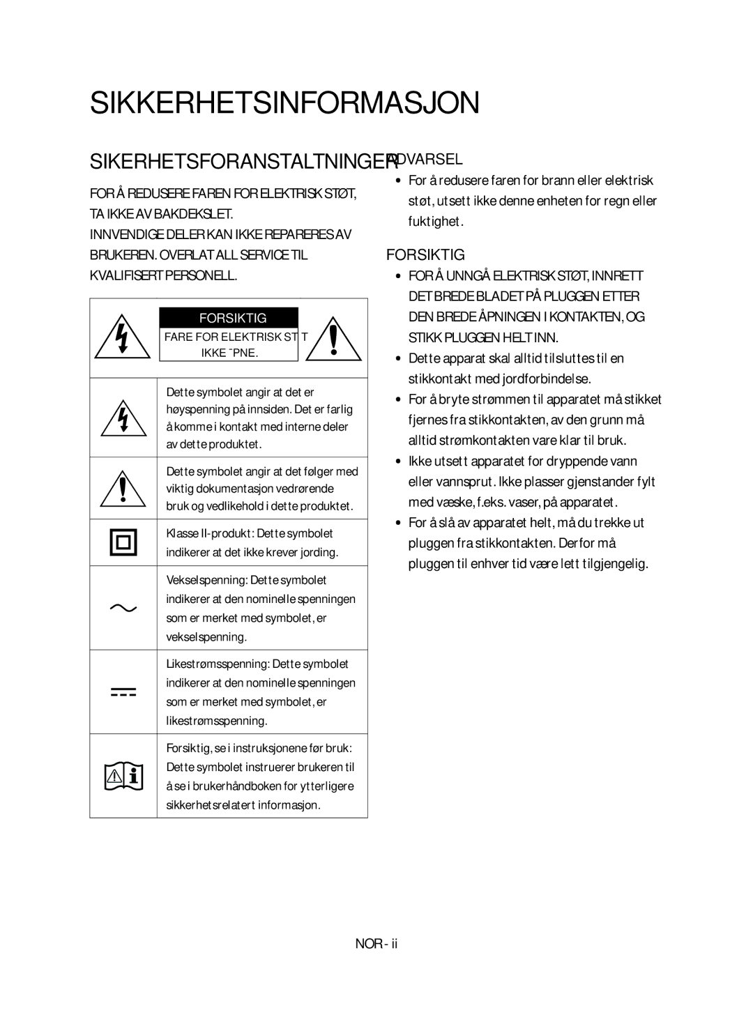 Samsung HW-N460/XE manual Sikkerhetsinformasjon, Sikerhetsforanstaltninger 