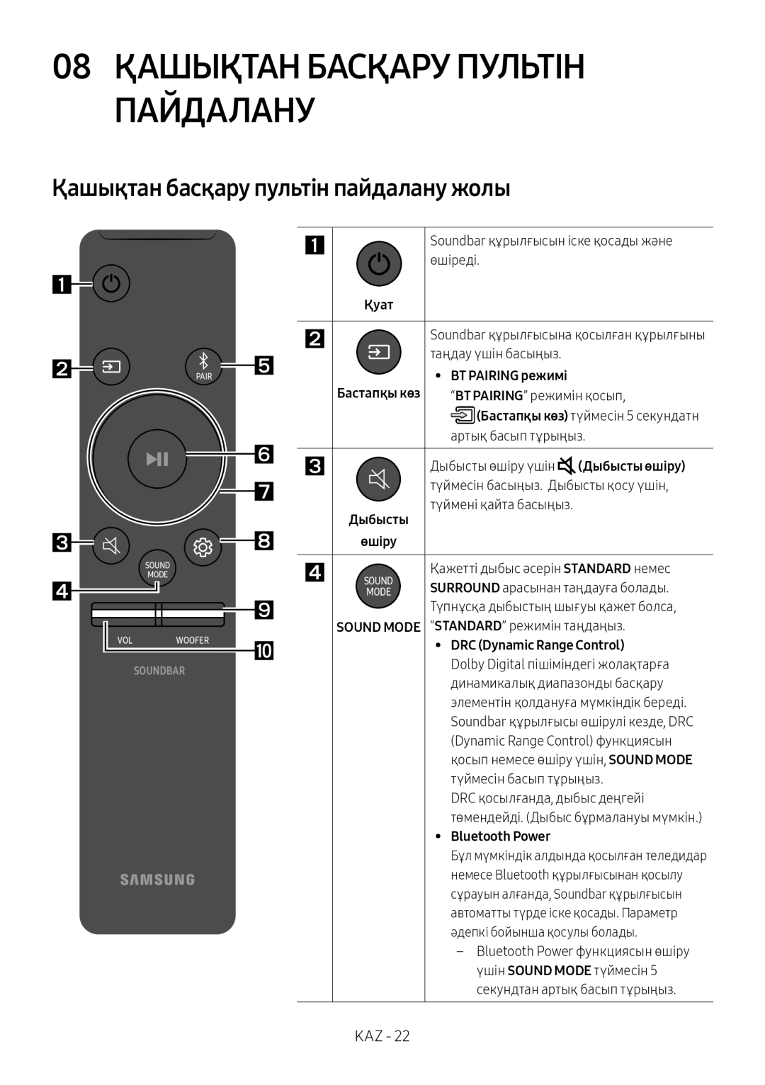 Samsung HW-N550/RU 08 Қашықтан Басқару Пультін Пайдалану, Қашықтан басқару пультін пайдалану жолы, Қуат, BT Pairing режимі 