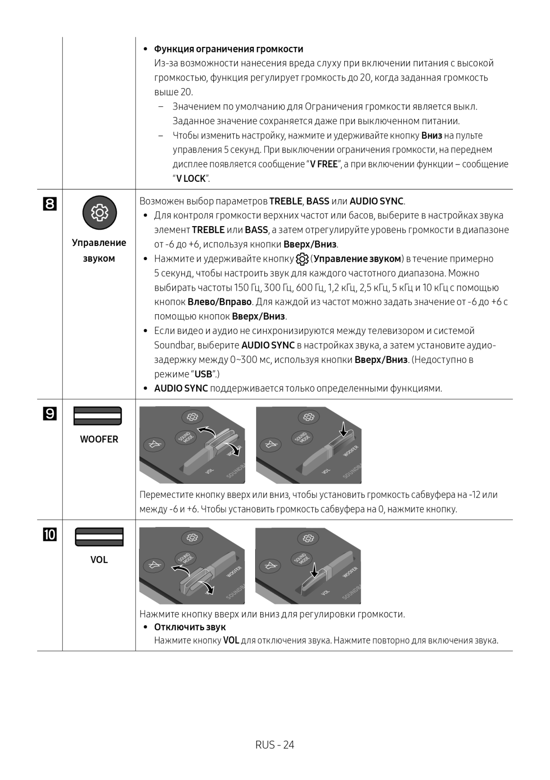 Samsung HW-N550/RU manual Управление Звуком, Возможен выбор параметров TREBLE, Bass или Audio Sync, Отключить звук 