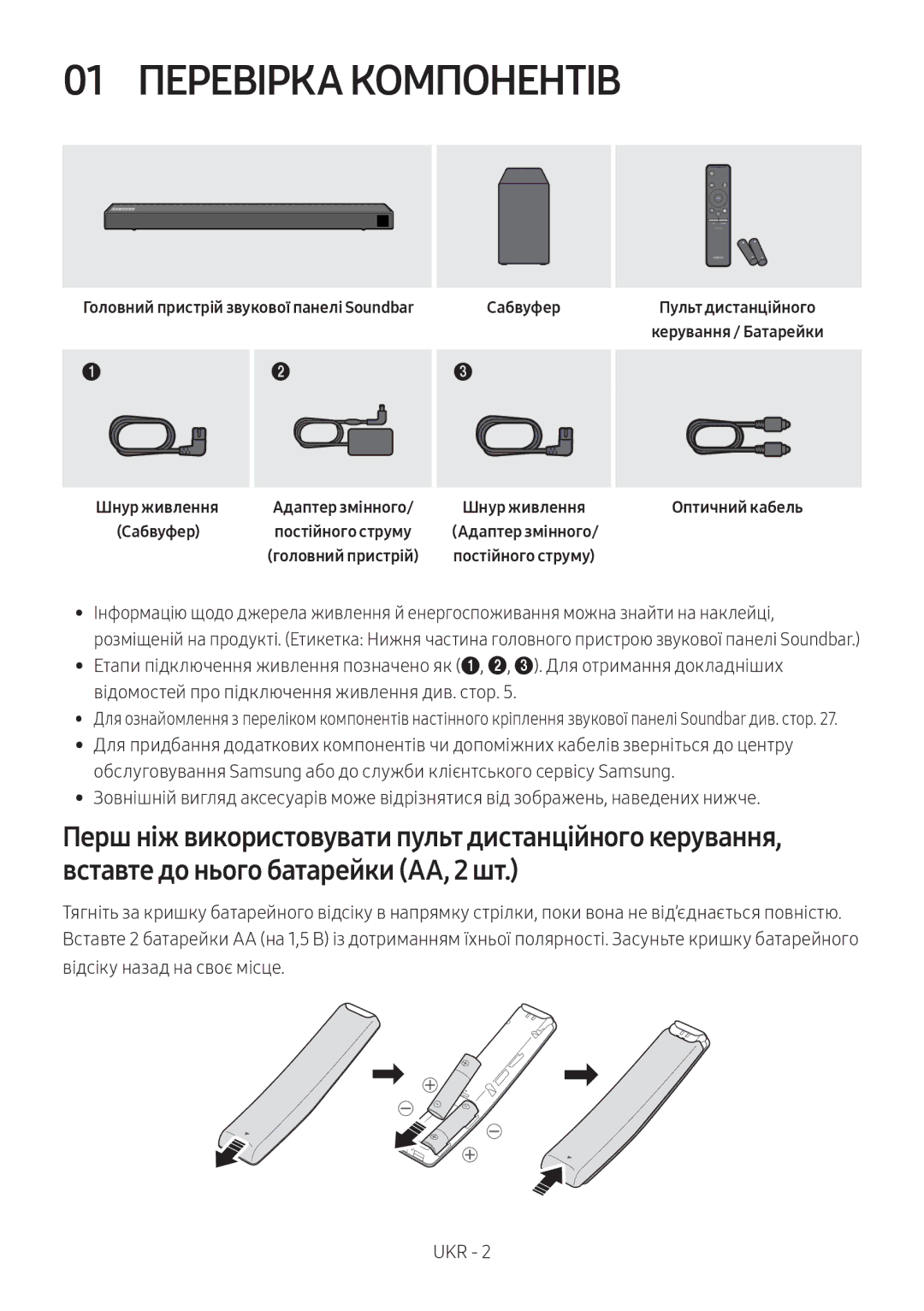 Samsung HW-N550/RU manual 01 Перевірка Компонентів, Головний пристрій звукової панелі Soundbar Сабвуфер, Шнур живлення 