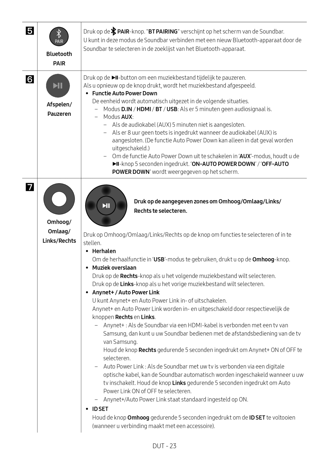 Samsung HW-N550/EN, HW-N550/XN manual Functie Auto Power Down, Rechts te selecteren, Herhalen, Muziek overslaan 