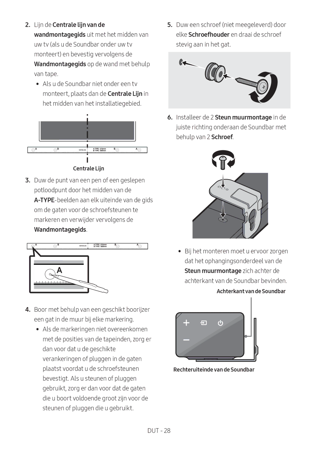 Samsung HW-N550/XN, HW-N550/EN manual Centrale Lijn, Achterkant van de Soundbar Rechteruiteinde van de Soundbar 