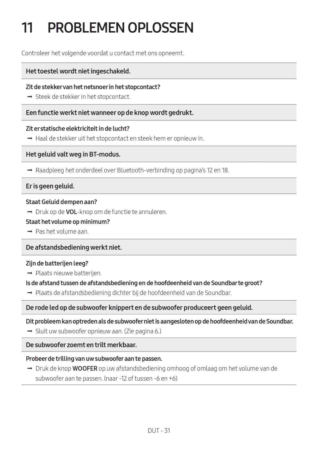 Samsung HW-N550/EN, HW-N550/XN manual Problemen Oplossen, Een functie werkt niet wanneer op de knop wordt gedrukt 