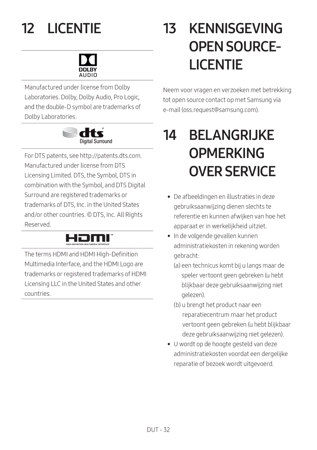 Samsung HW-N550/XN, HW-N550/EN manual Licentie, Belangrijke Opmerking Over Service 