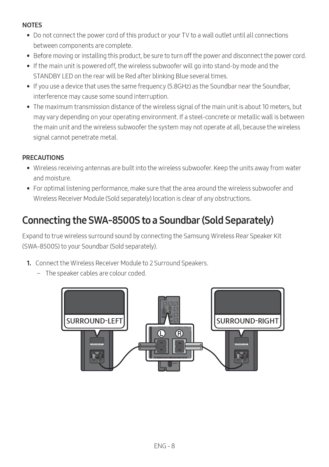 Samsung HW-N550/XN, HW-N550/EN manual Connecting the SWA-8500S to a Soundbar Sold Separately, Precautions 