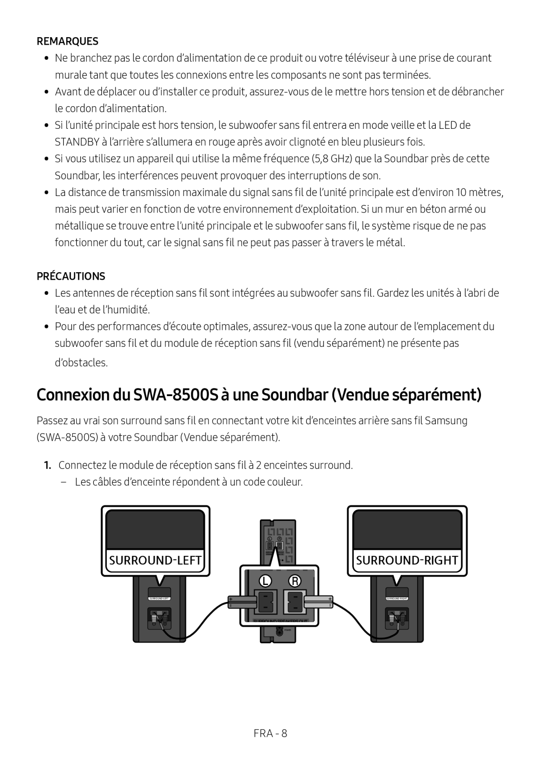 Samsung HW-N550/EN, HW-N550/XN manual Connexion du SWA-8500S à une Soundbar Vendue séparément, Remarques, Précautions 