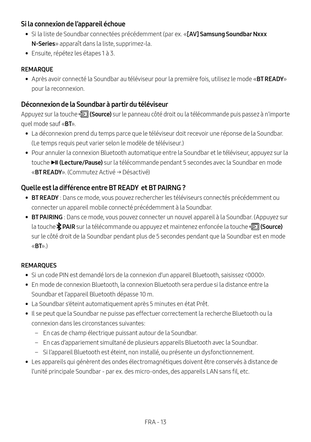 Samsung HW-N550/XN manual Si la connexion de l’appareil échoue, Déconnexion de la Soundbar à partir du téléviseur, Remarque 