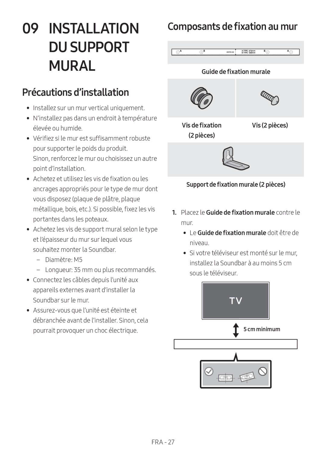 Samsung HW-N550/XN, HW-N550/EN manual Précautions d’installation, Composants de fixation au mur, Cm minimum 