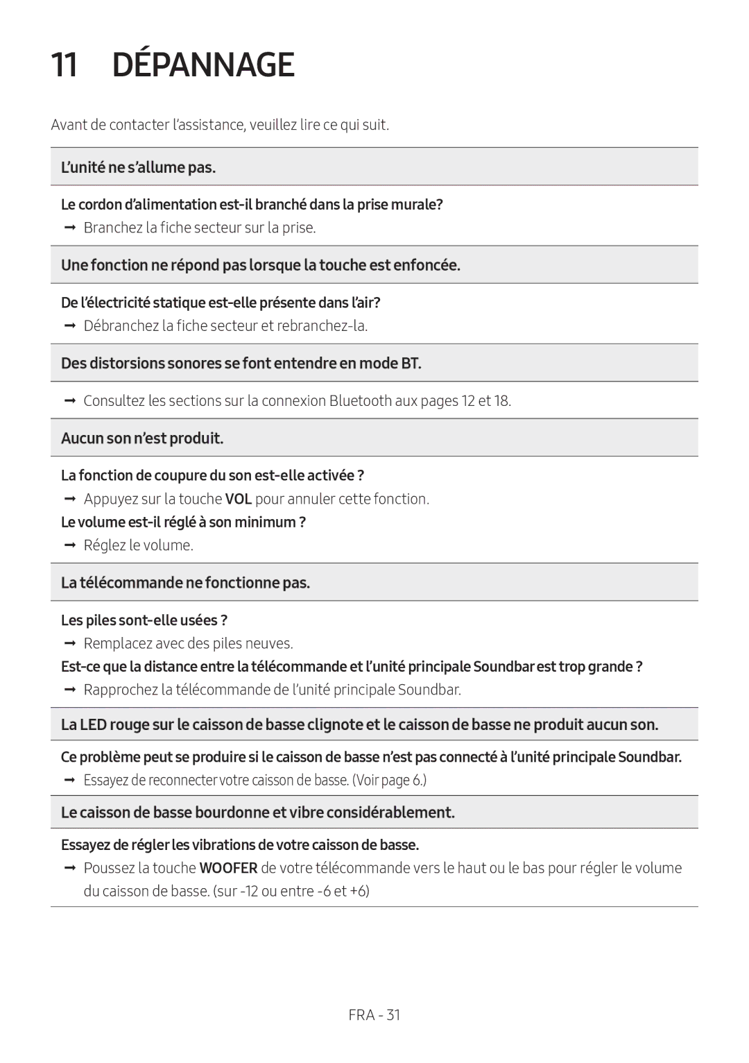 Samsung HW-N550/XN, HW-N550/EN manual 11 Dépannage, ’unité ne s’allume pas 