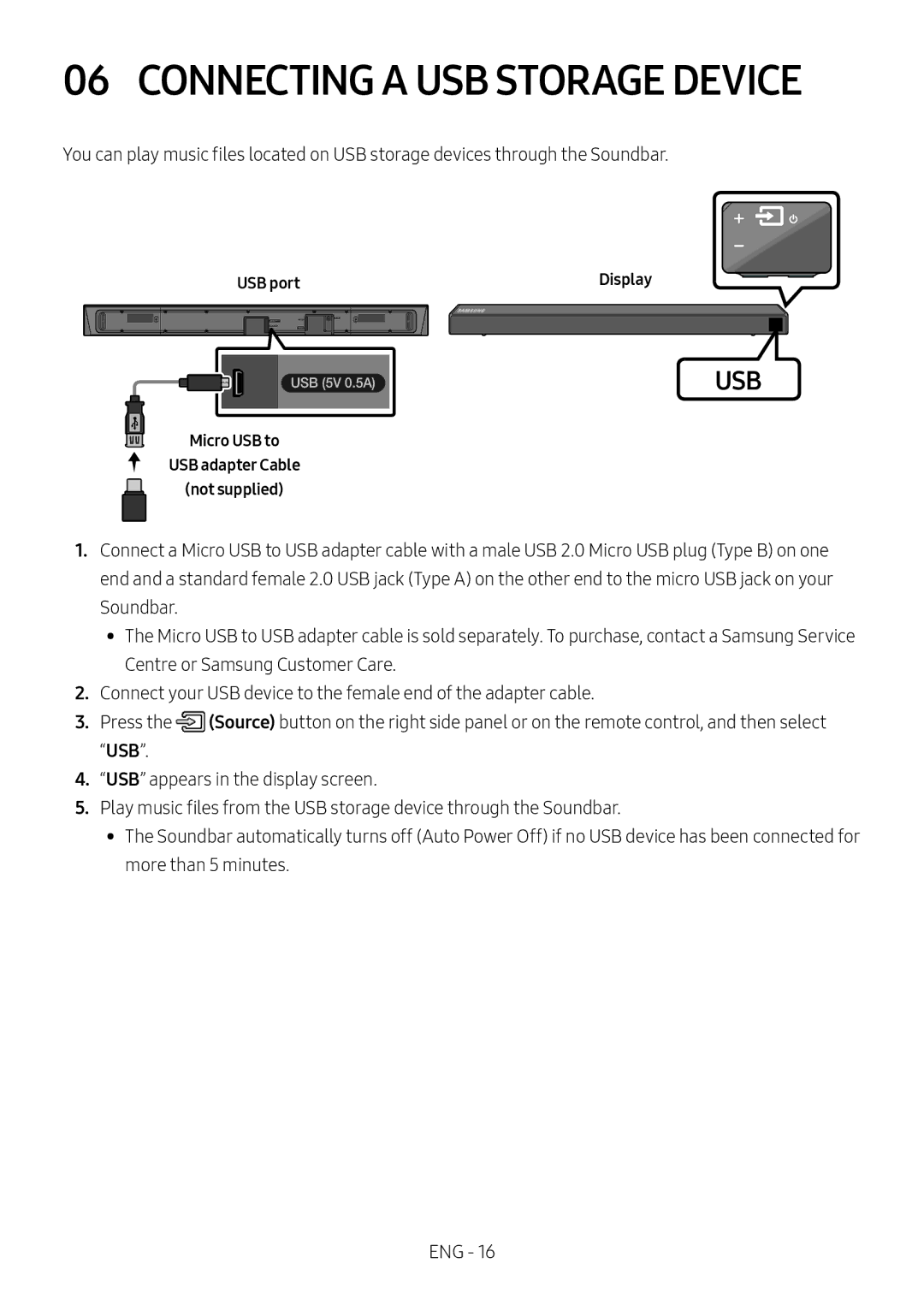 Samsung HW-N550/XN, HW-N550/EN manual Connecting a USB Storage Device, USB port, Micro USB to USB adapter Cable Not supplied 