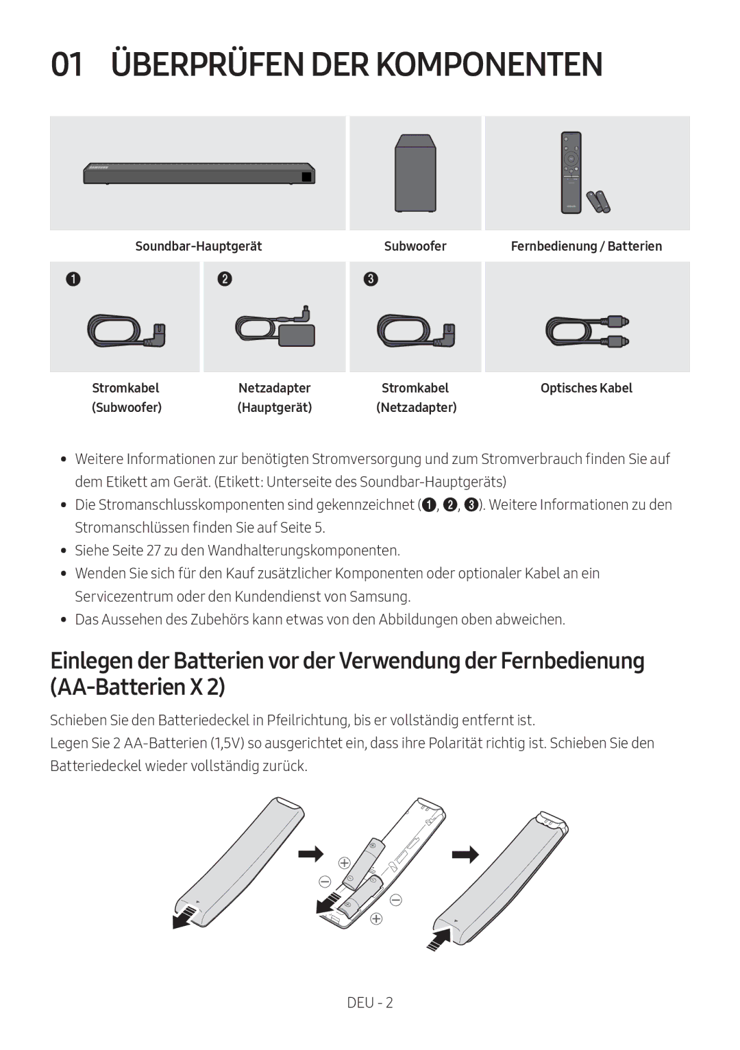 Samsung HW-N550/EN, HW-N550/XN manual 01 Überprüfen DER Komponenten 