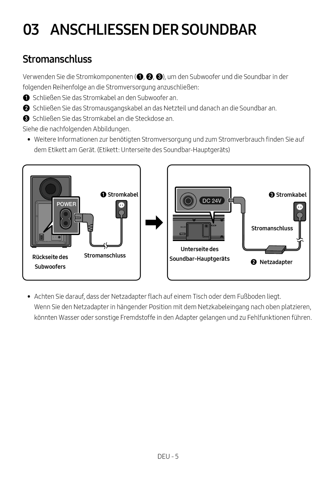 Samsung HW-N550/XN, HW-N550/EN manual Anschliessen DER Soundbar, Stromanschluss 