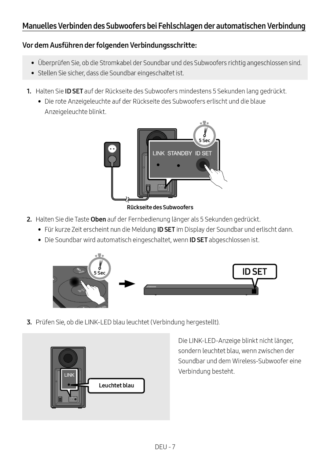 Samsung HW-N550/XN manual Vor dem Ausführen der folgenden Verbindungsschritte, Rückseite des Subwoofers, Leuchtet blau 