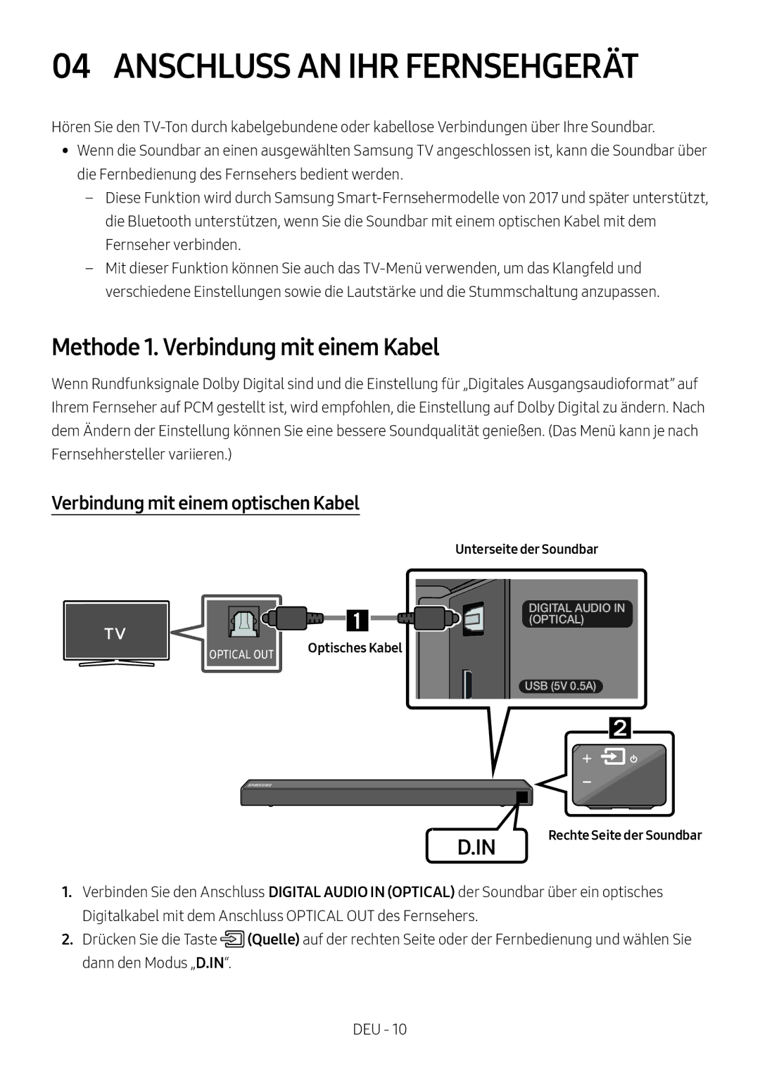 Samsung HW-N550/EN, HW-N550/XN manual Anschluss AN IHR Fernsehgerät, Methode 1. Verbindung mit einem Kabel 