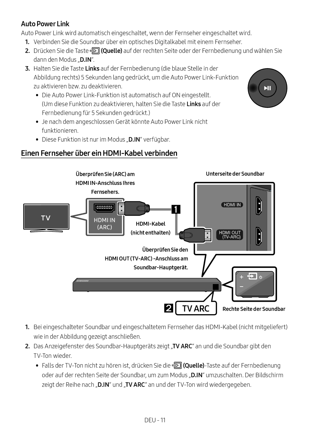 Samsung HW-N550/XN, HW-N550/EN manual Einen Fernseher über ein HDMI-Kabel verbinden,  TV ARC Rechte Seite der Soundbar 