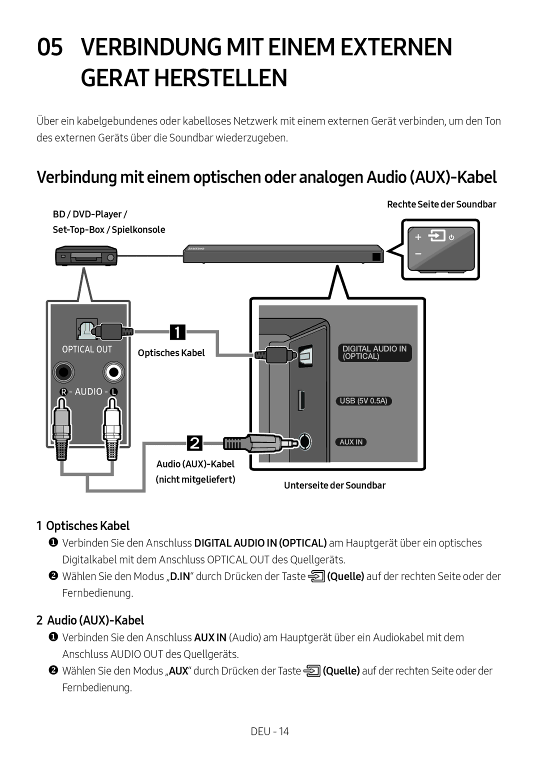 Samsung HW-N550/EN, HW-N550/XN manual Optisches Kabel, Audio AUX-Kabel 