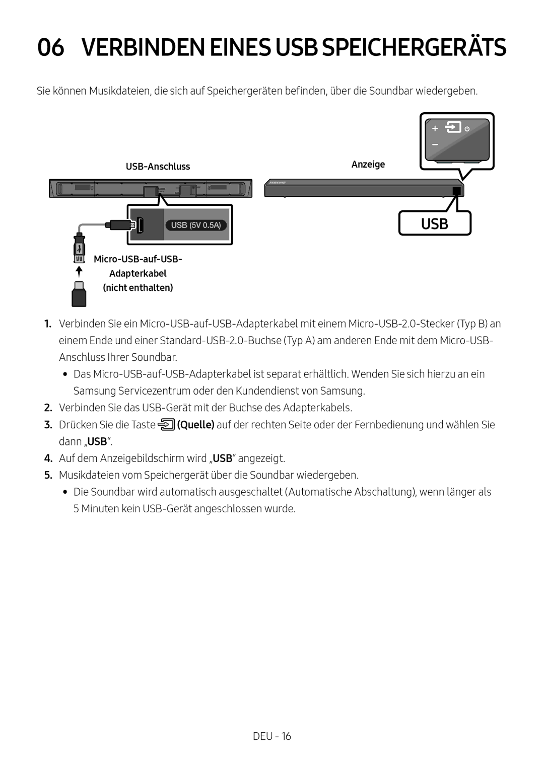 Samsung HW-N550/EN, HW-N550/XN manual USB-Anschluss, Micro-USB-auf-USB Adapterkabel Nicht enthalten 