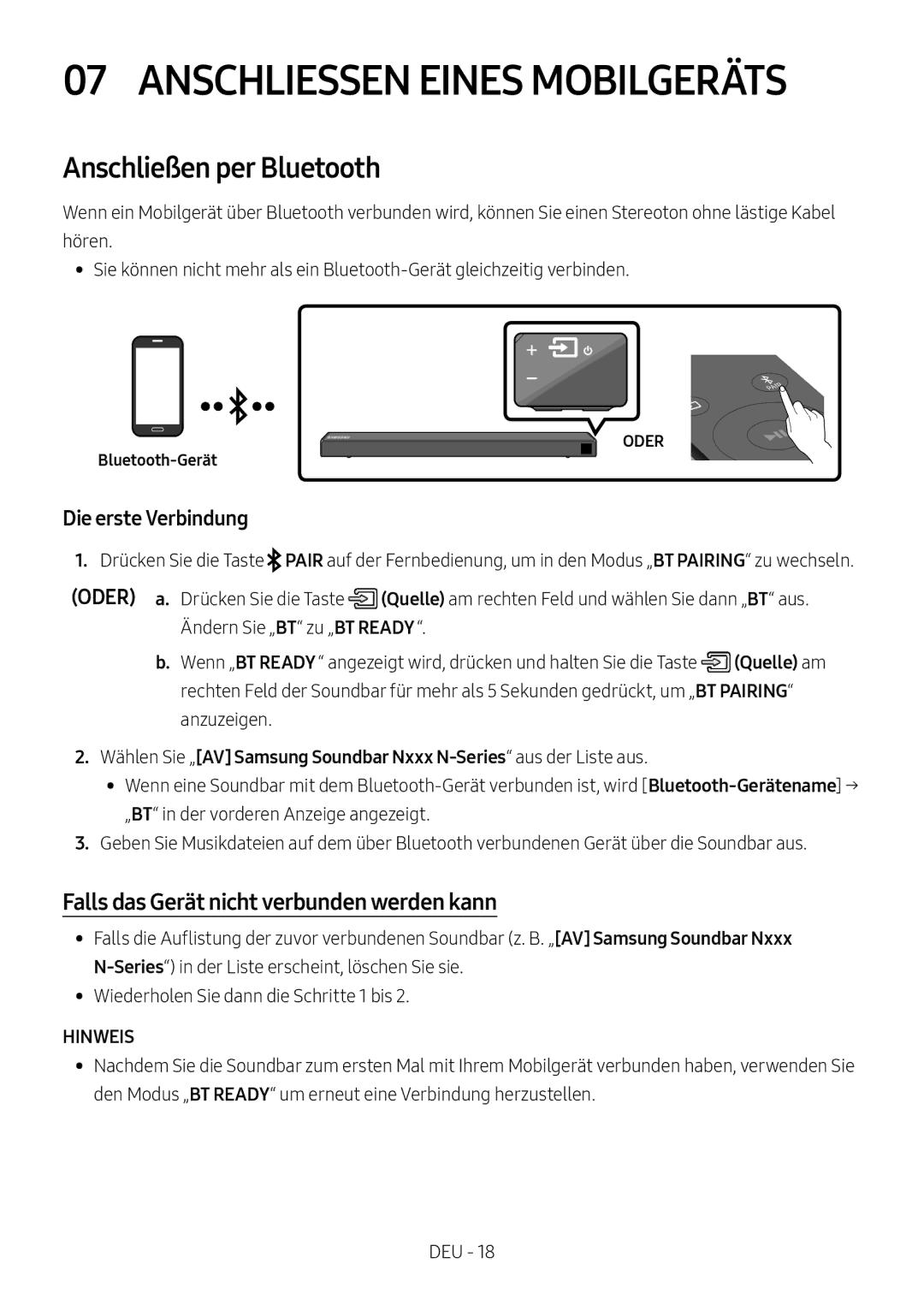 Samsung HW-N550/EN Anschliessen Eines Mobilgeräts, Anschließen per Bluetooth, Falls das Gerät nicht verbunden werden kann 