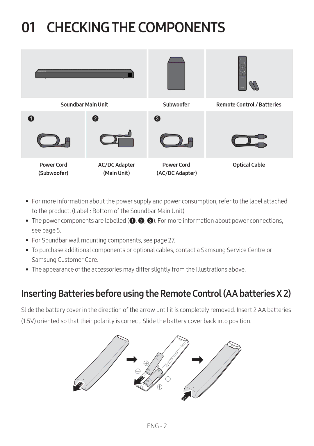 Samsung HW-N550/XN, HW-N550/EN manual Checking the Components, Soundbar Main Unit, Subwoofer 