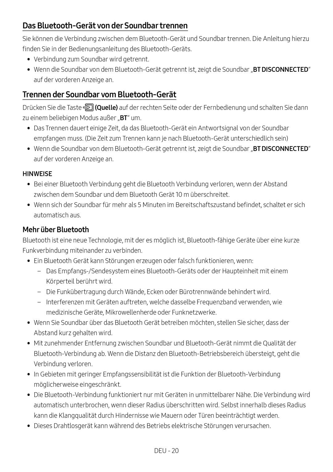 Samsung HW-N550/EN, HW-N550/XN manual Das Bluetooth-Gerät von der Soundbar trennen, Trennen der Soundbar vom Bluetooth-Gerät 