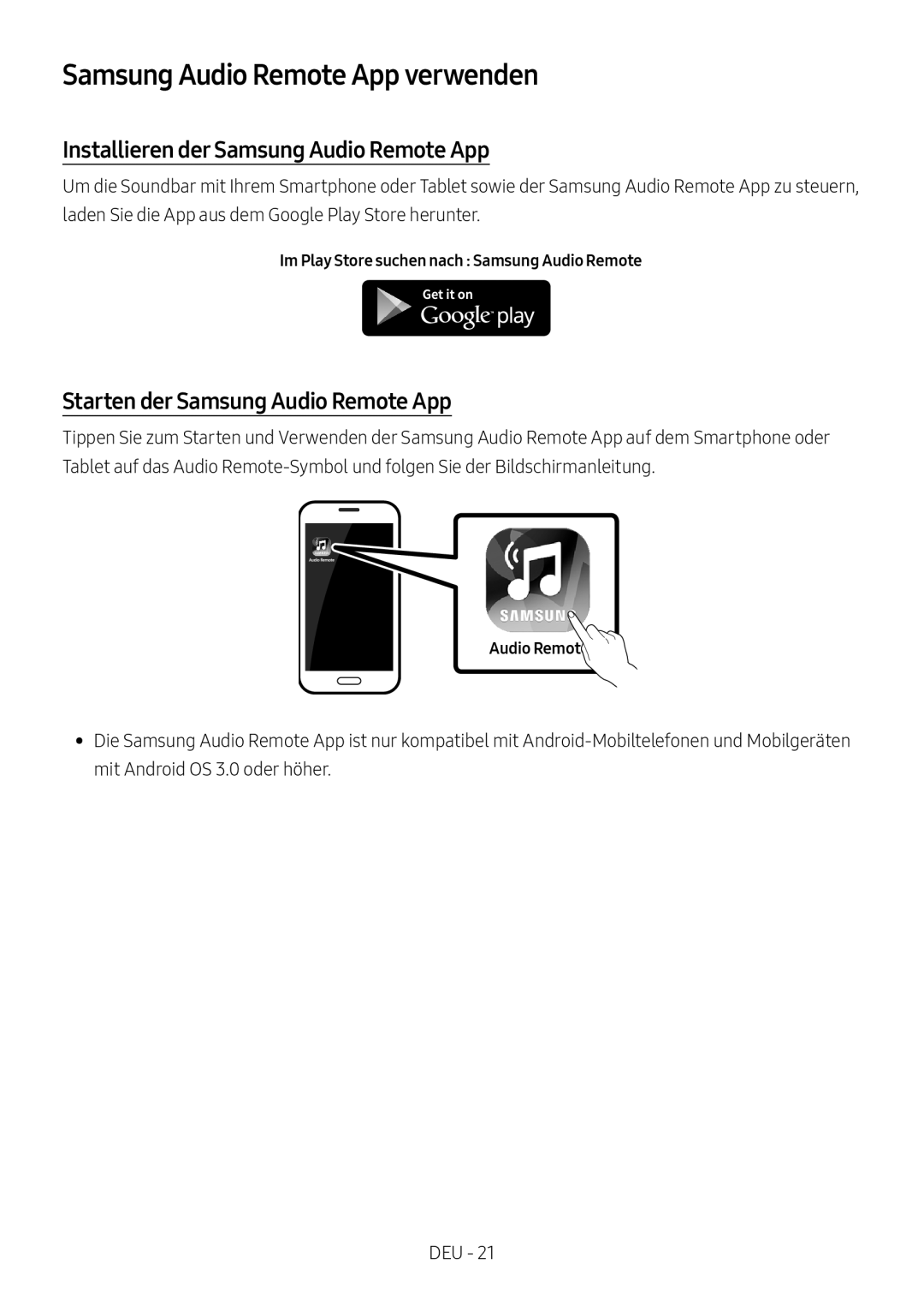 Samsung HW-N550/XN, HW-N550/EN manual Samsung Audio Remote App verwenden, Installieren der Samsung Audio Remote App 