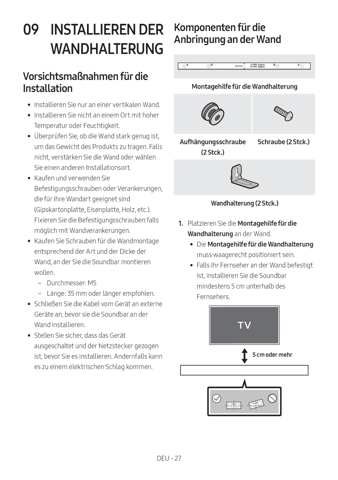 Samsung HW-N550/XN, HW-N550/EN manual Vorsichtsmaßnahmen für die Installation, Aufhängungsschraube, Cm oder mehr 