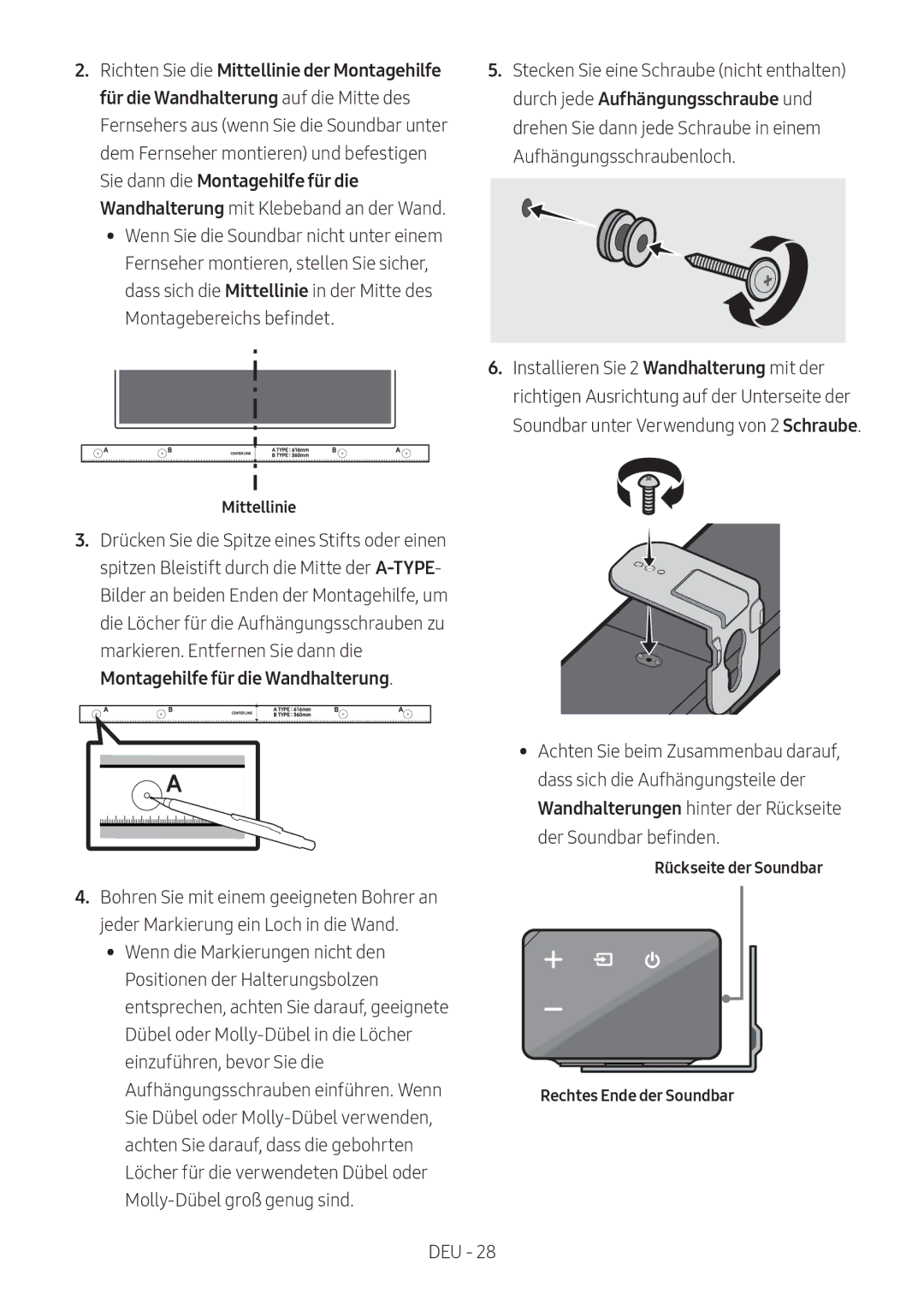 Samsung HW-N550/EN, HW-N550/XN manual Montagebereichs befindet, Rückseite der Soundbar Rechtes Ende der Soundbar 