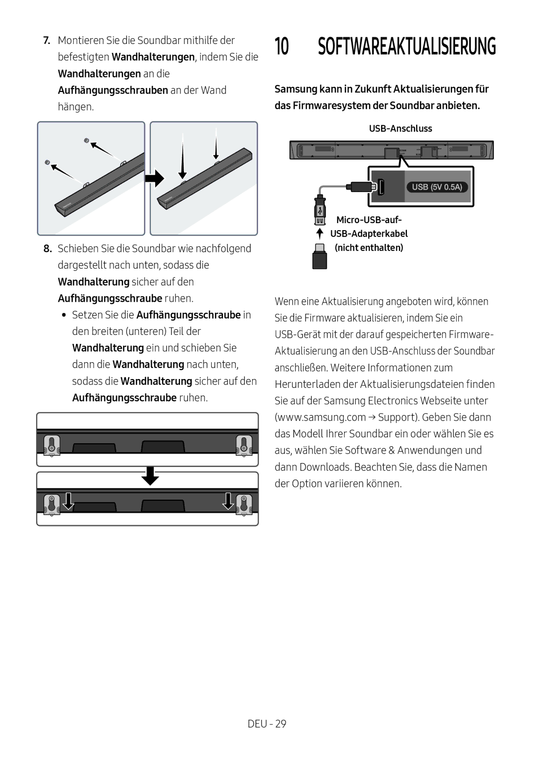 Samsung HW-N550/XN, HW-N550/EN manual Softwareaktualisierung, Micro-USB-auf USB-Adapterkabel Nicht enthalten 