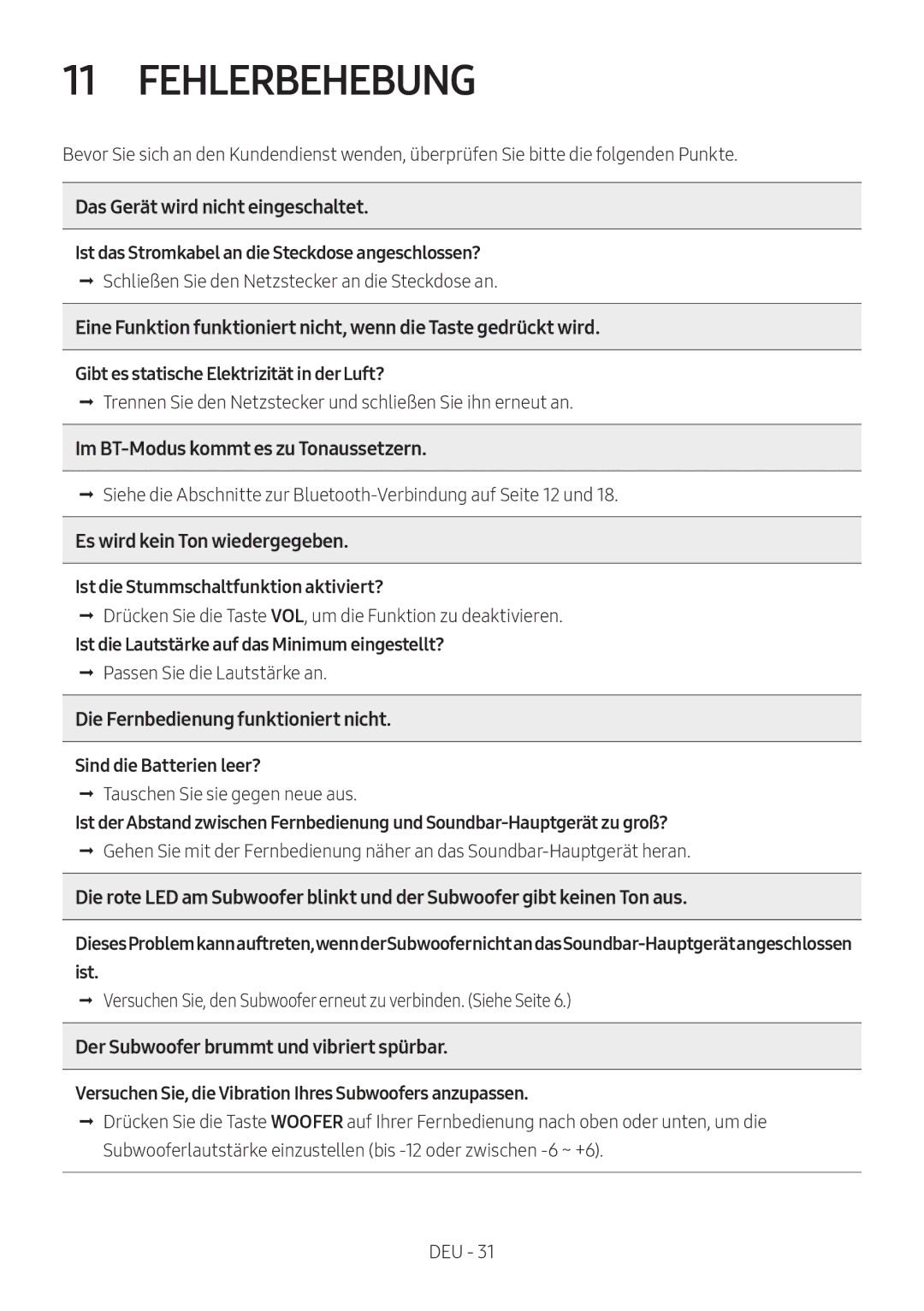 Samsung HW-N550/XN, HW-N550/EN manual Fehlerbehebung, Das Gerät wird nicht eingeschaltet 