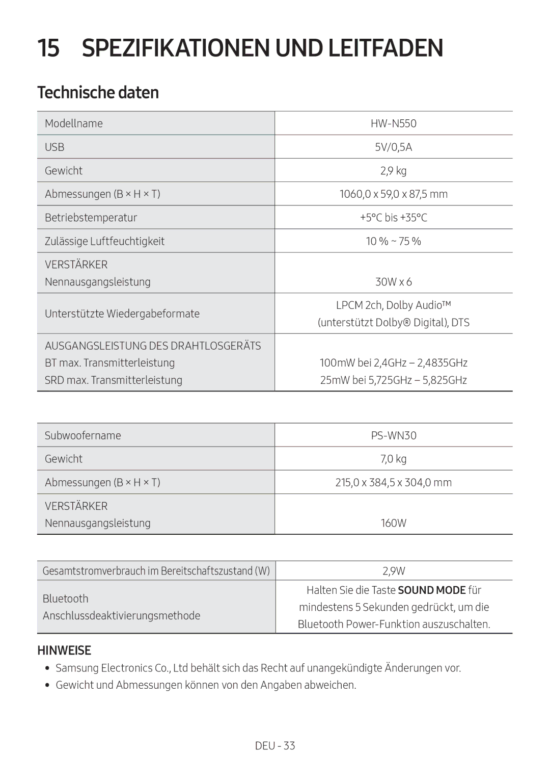 Samsung HW-N550/XN, HW-N550/EN manual Spezifikationen UND Leitfaden, Technische daten 